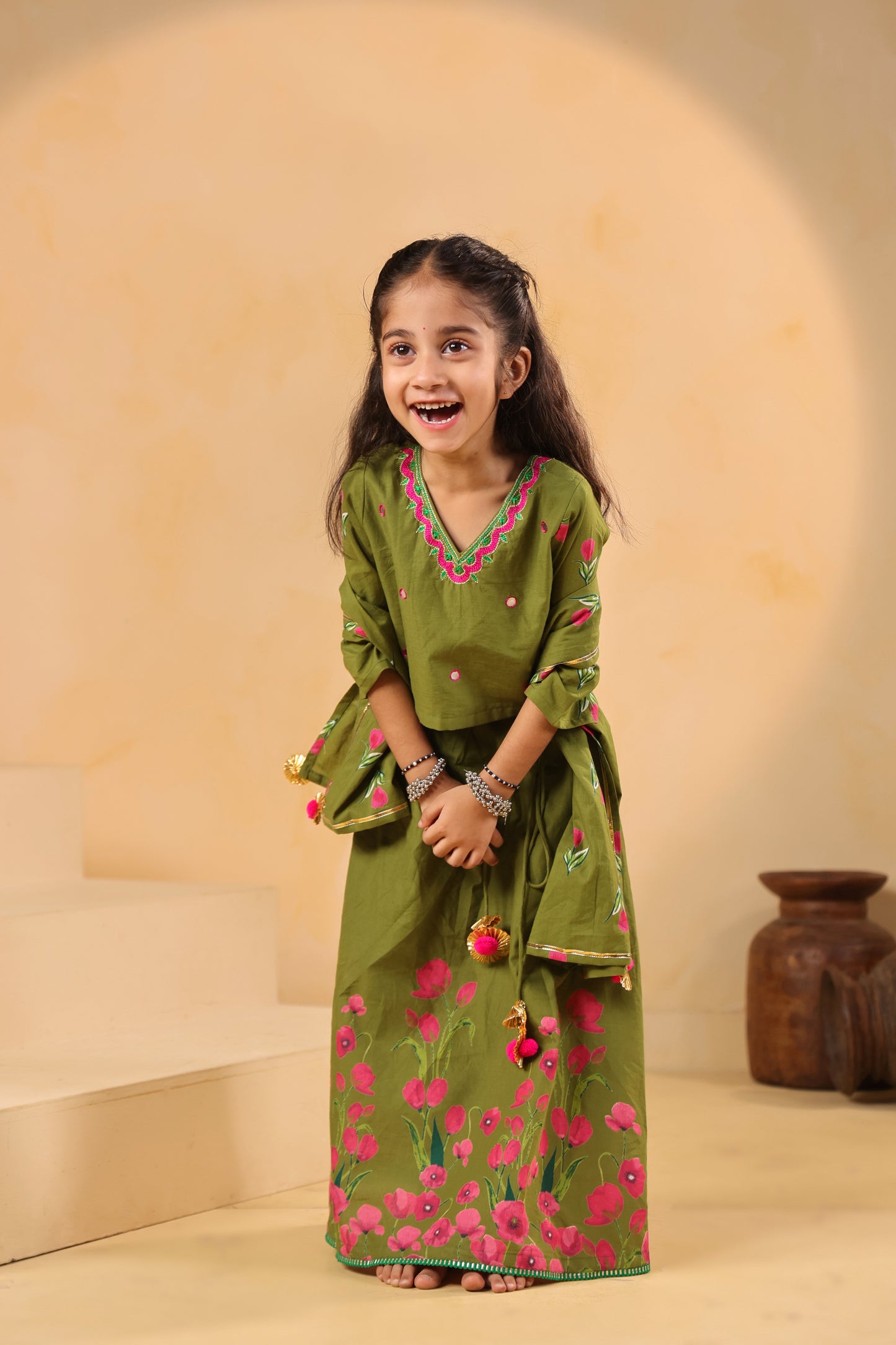 Girl Gulabo Floral Embroidered Skirt Top Set - Mehandi Green