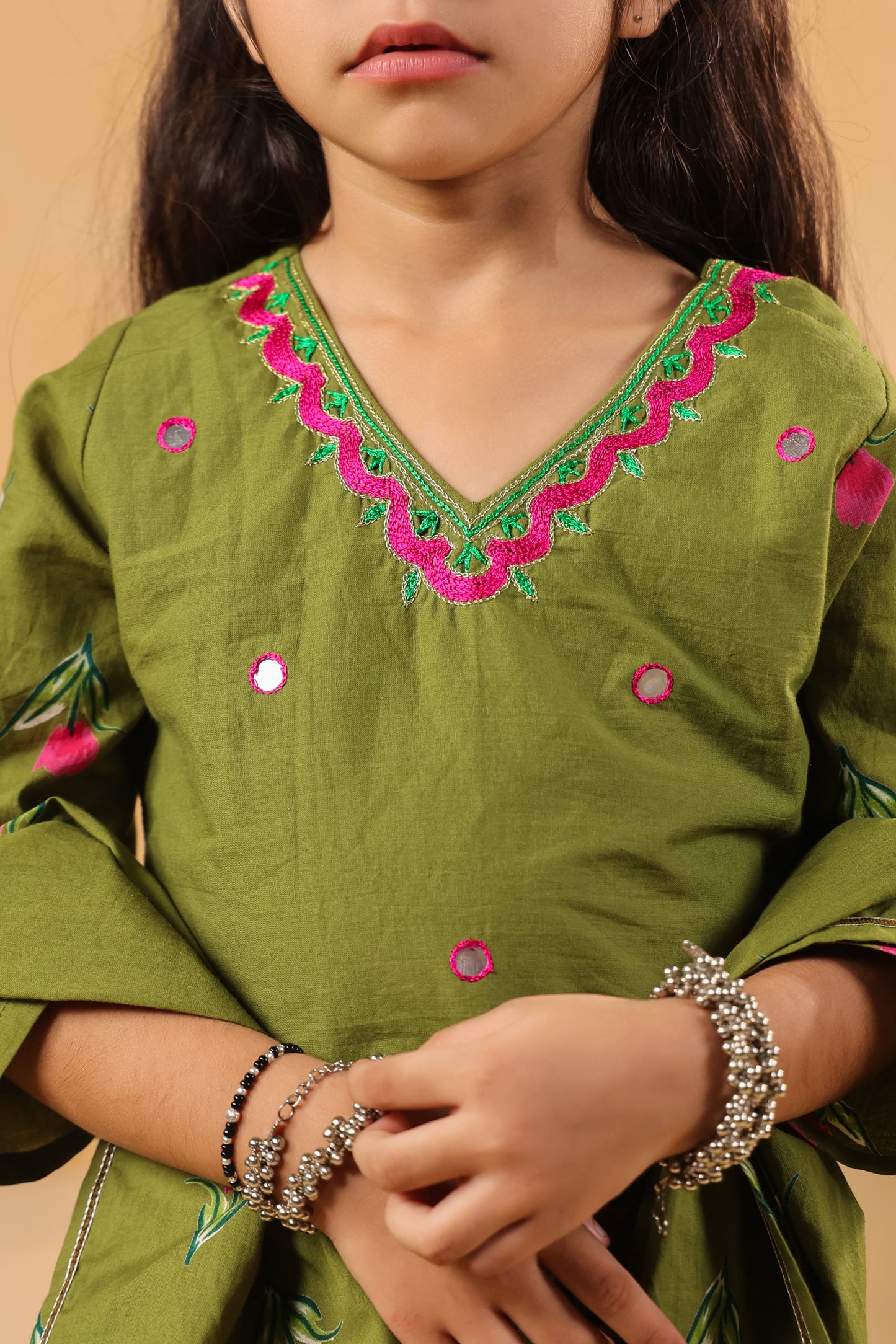 Girl Gulabo Floral Embroidered Skirt Top Set - Mehandi Green