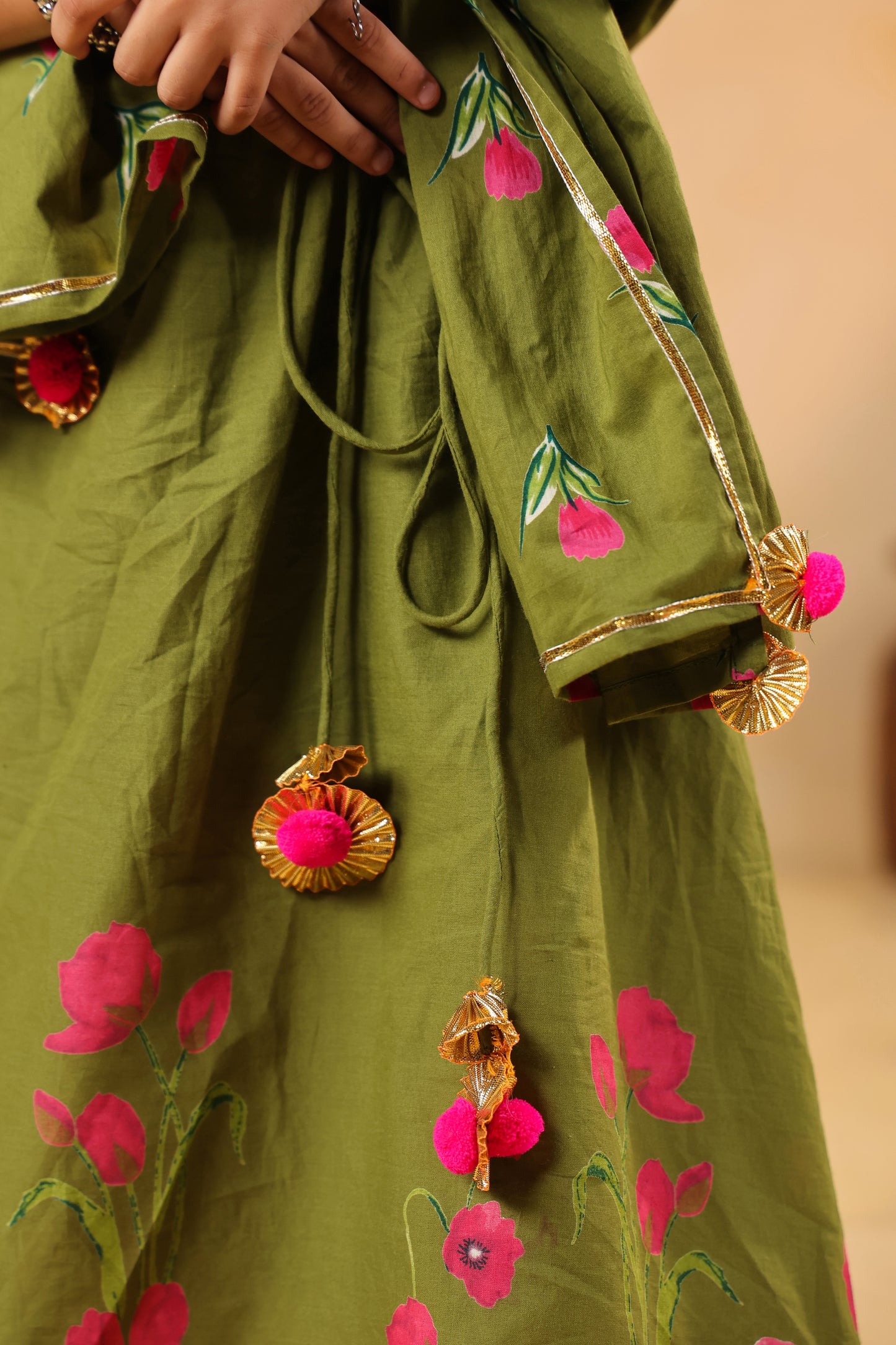 Girl Gulabo Floral Embroidered Skirt Top Set - Mehandi Green