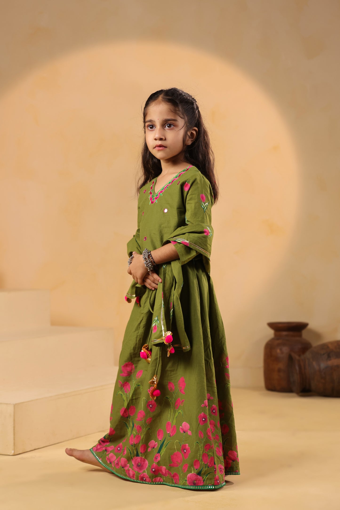 Girl Gulabo Floral Embroidered Skirt Top Set - Mehandi Green
