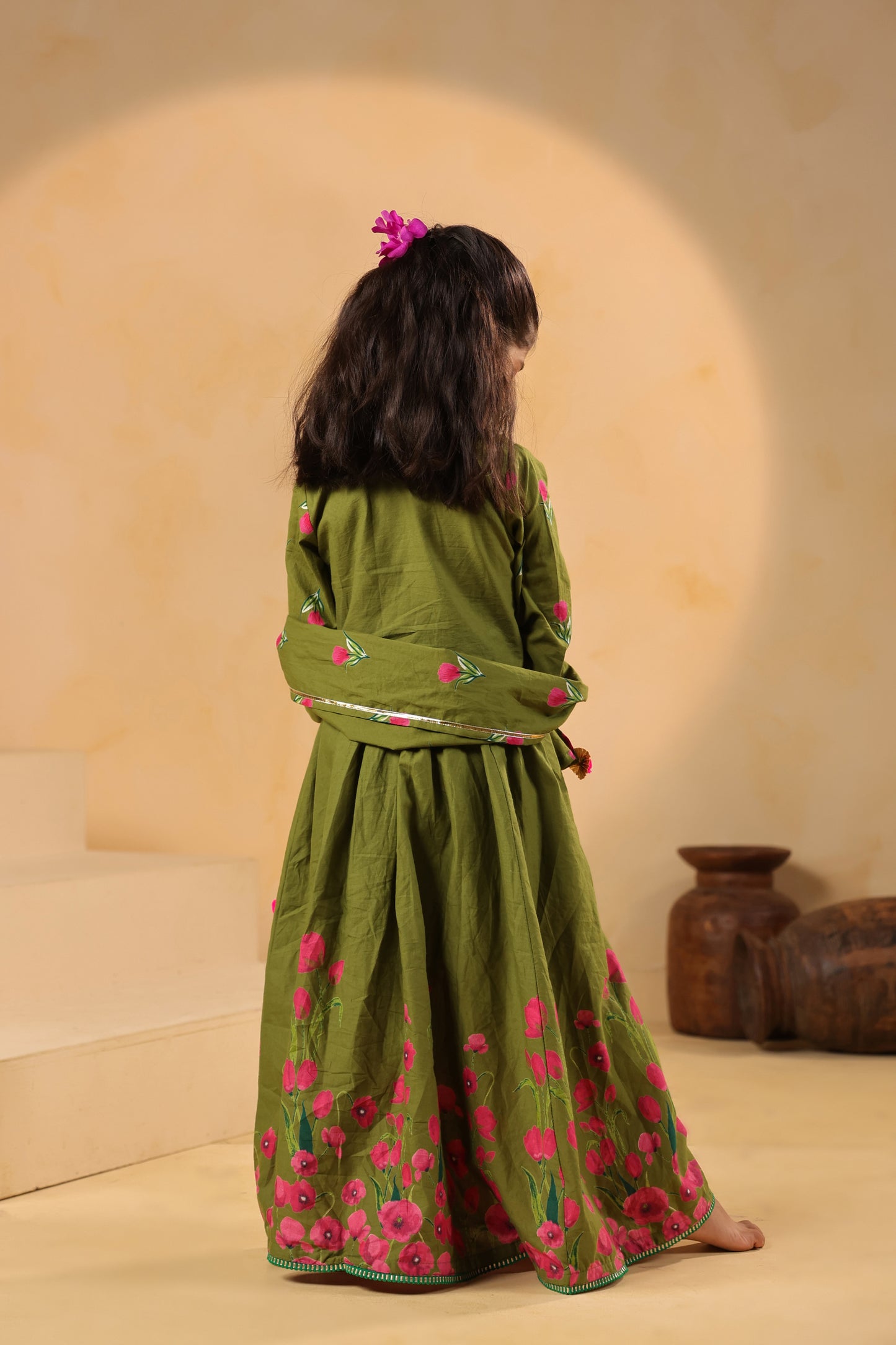 Girl Gulabo Floral Embroidered Skirt Top Set - Mehandi Green