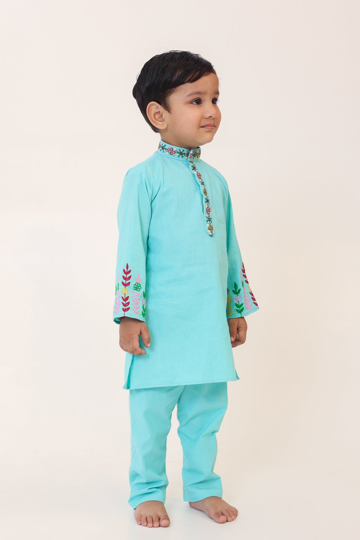 Boy Appliqued Kurta Pyjama Set- Turquoise