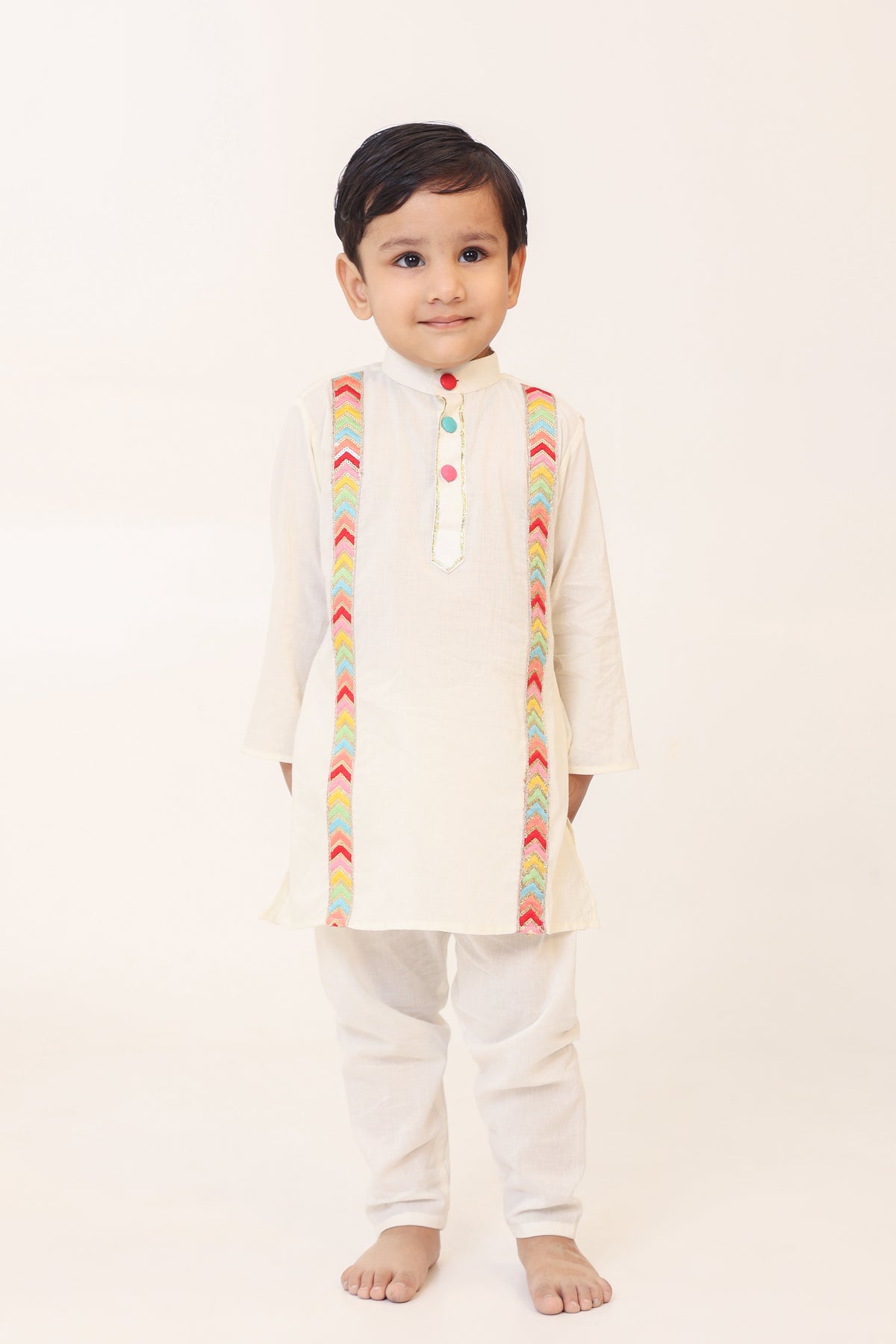 Boy Appliqued Kurta Pyjama Set- White