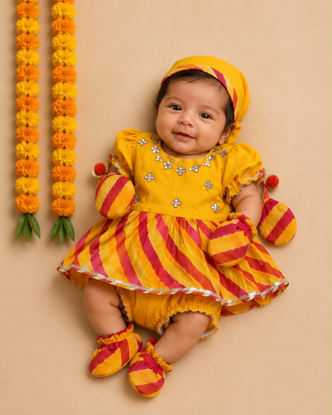 Baby Girl Lehariya Jamna Set - Yellow Red
