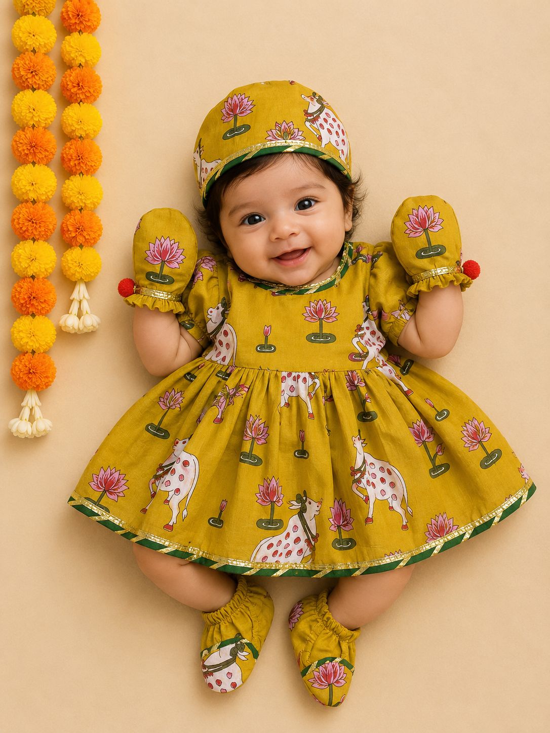 Baby Girl Pichwai Jamna Set - Mustard Yellow