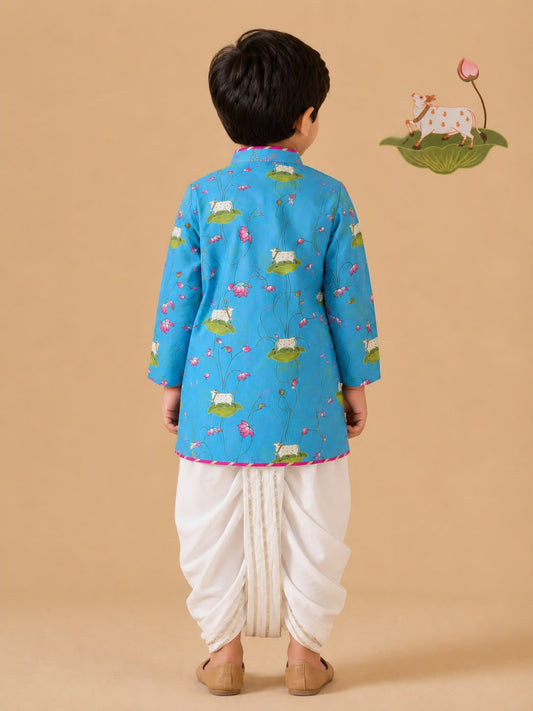 Pichwai Angarkha Kurta Dhoti Set -Turquoise