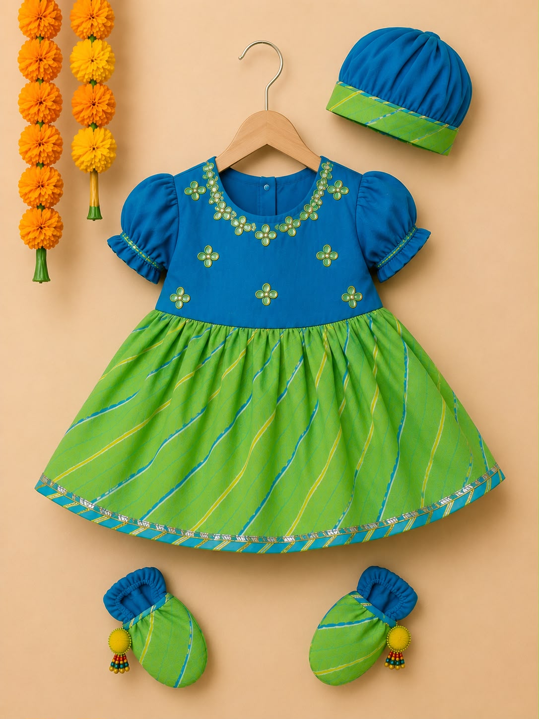 Baby Girl Lehariya Jamna Set - Turquoise Green