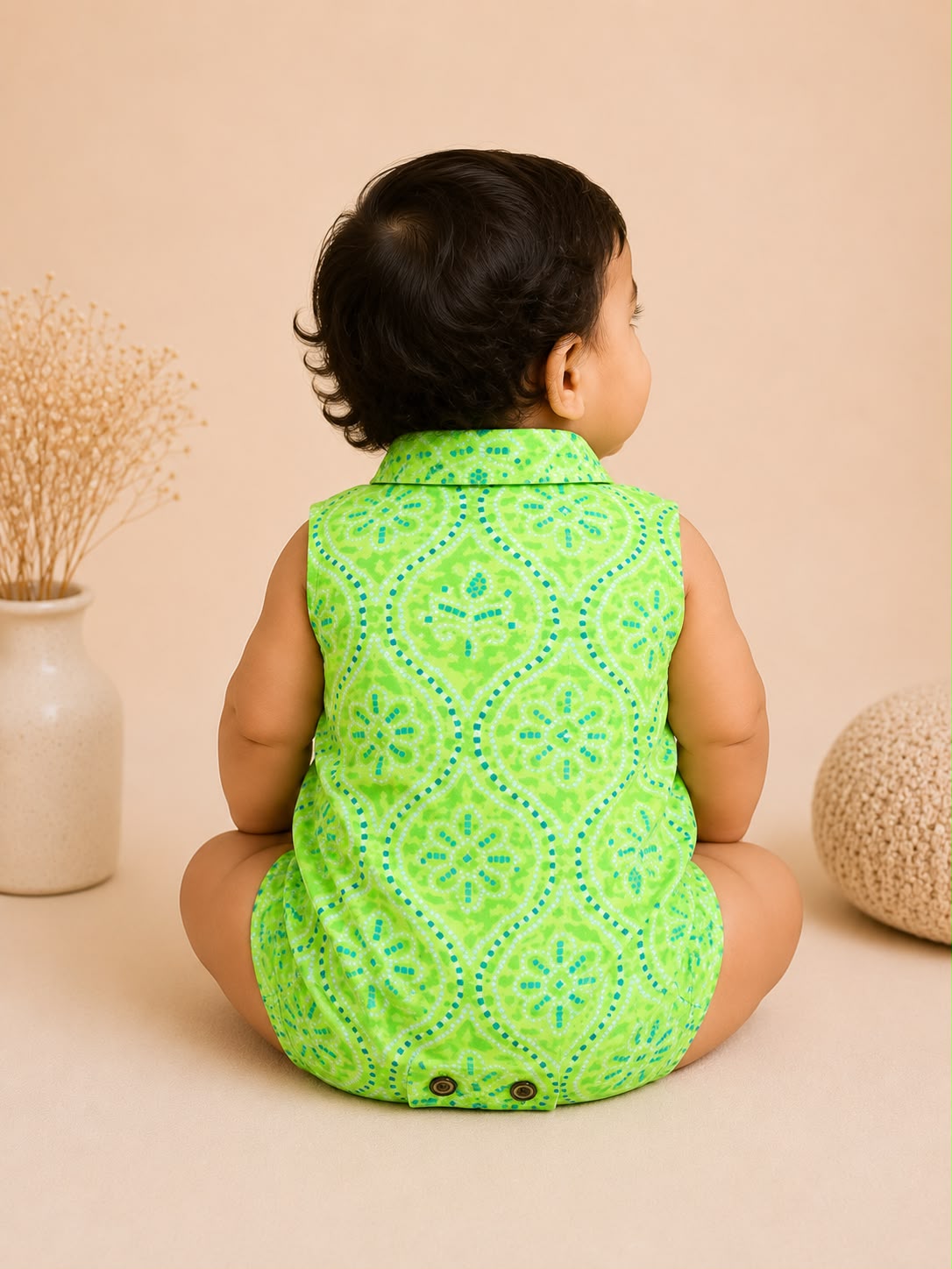 Baby Bandhani Cotton Romper - Green