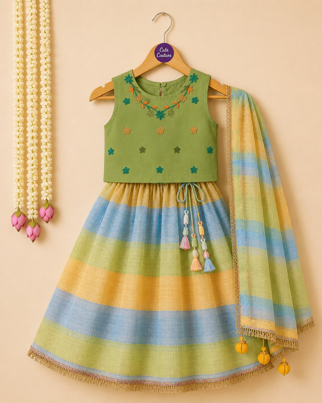 Girl Gulbahar Embroidered Skirt Top Set - Green