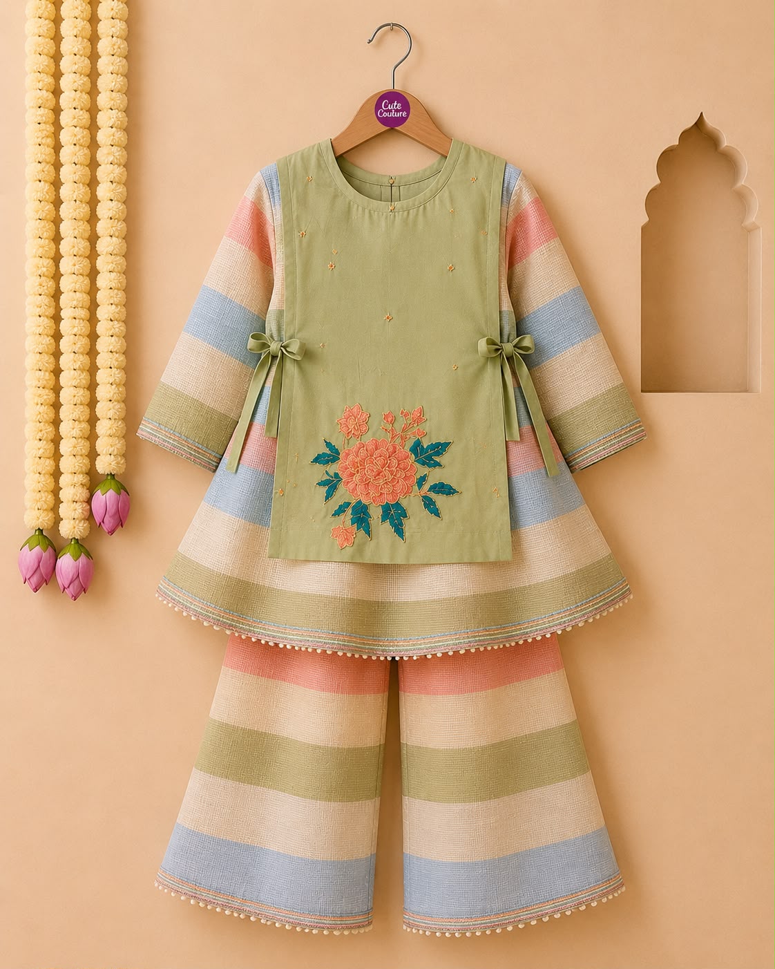 Girl Gulbahar Kurta Pallazo Set - Green