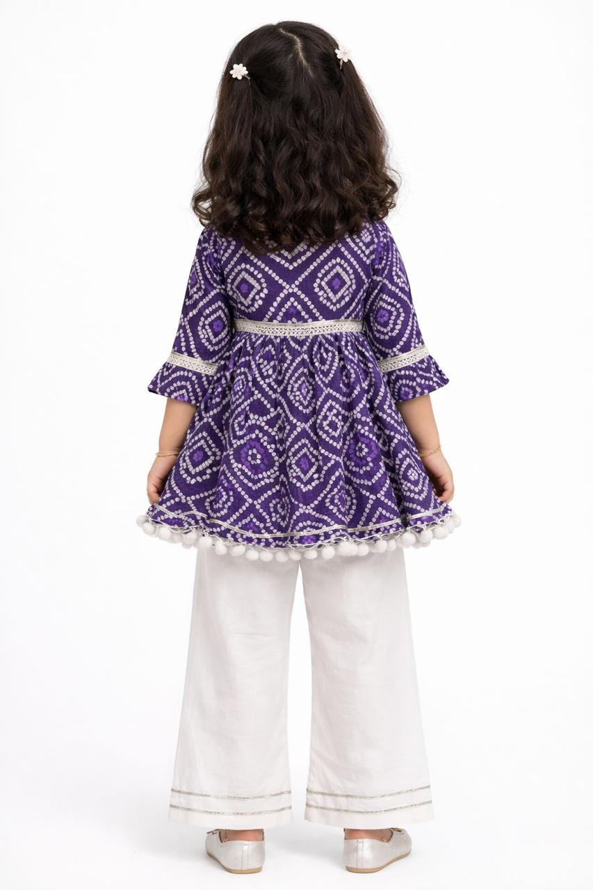 Girl Printed Bandhani Pallazzo Set -Purple