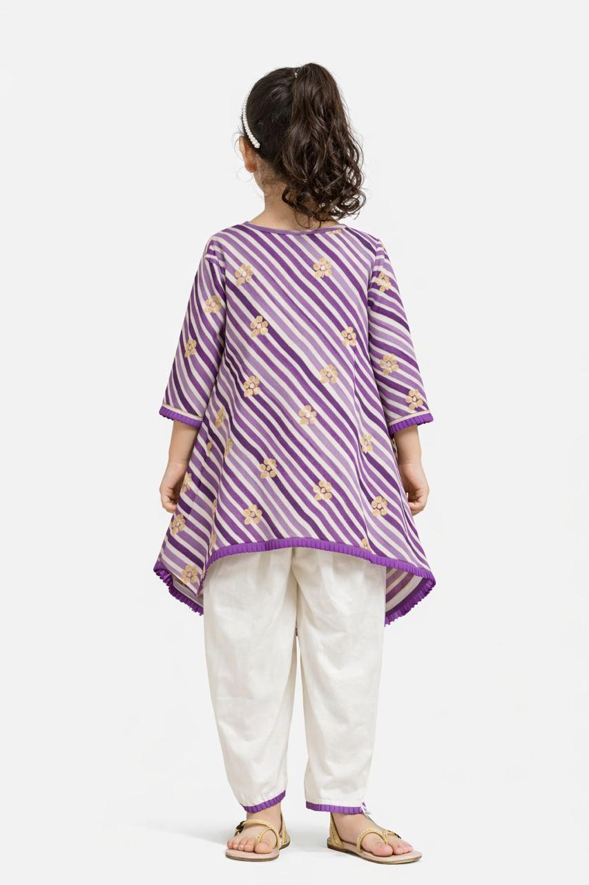 Girl Printed Bandhani Dhoti Cowl Set - Purple