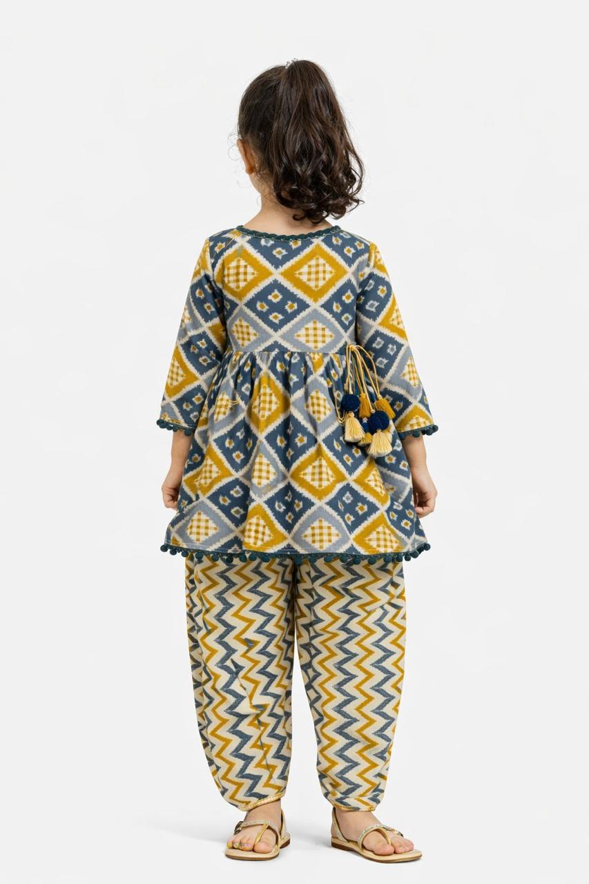 Girl Bandhani Dhoti Cowl Set - Yellow