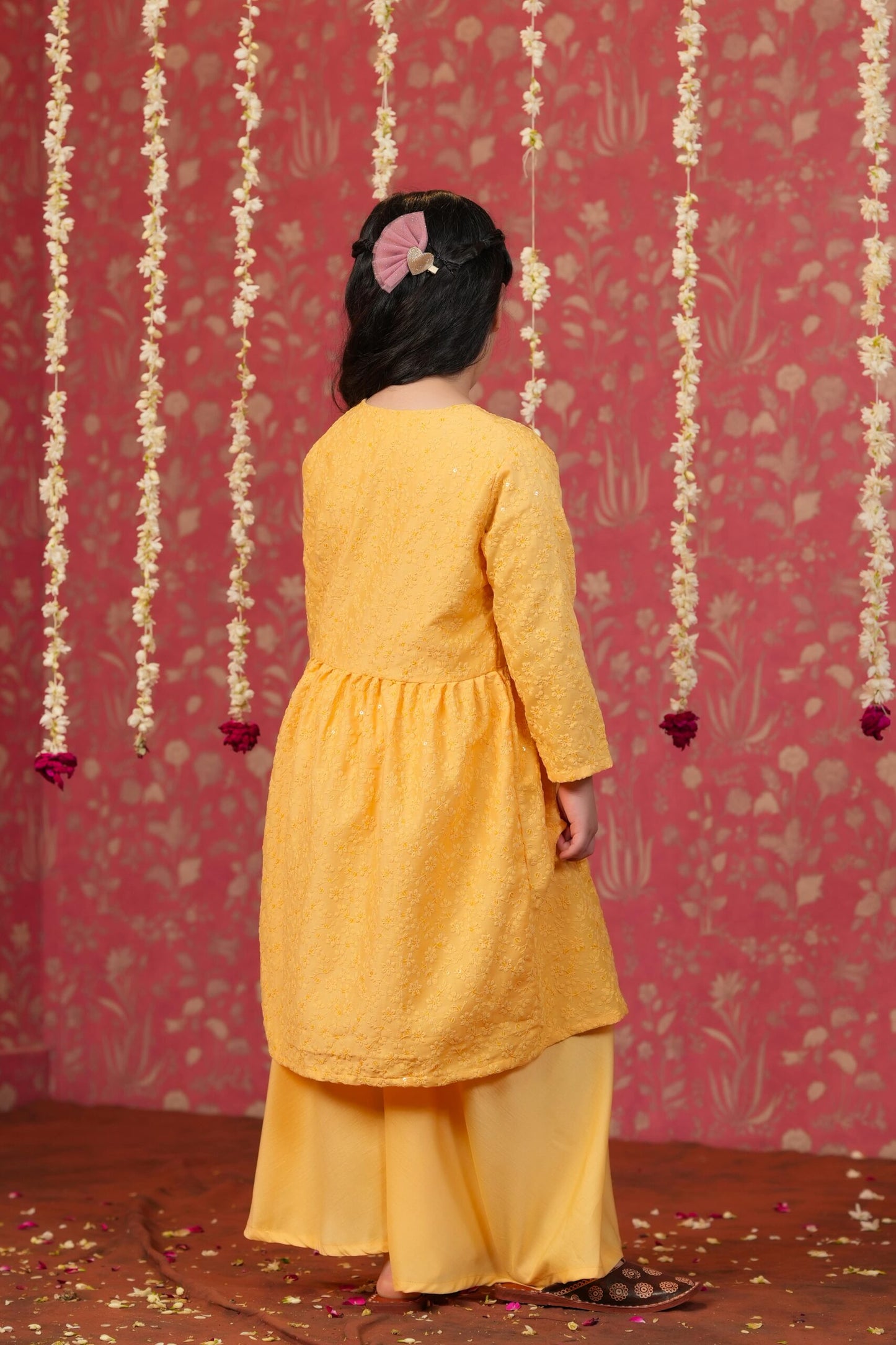 Girl Embroidered Top and Pallazo Set - Yellow