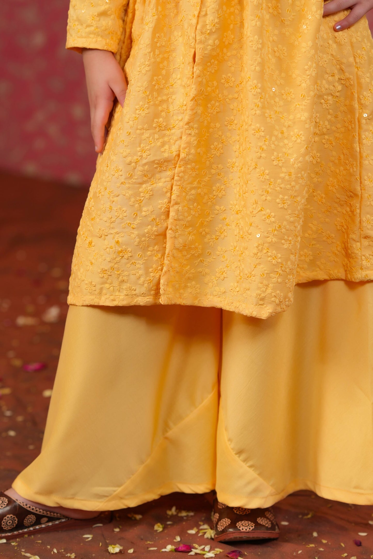 Girl Embroidered Top and Pallazo Set - Yellow