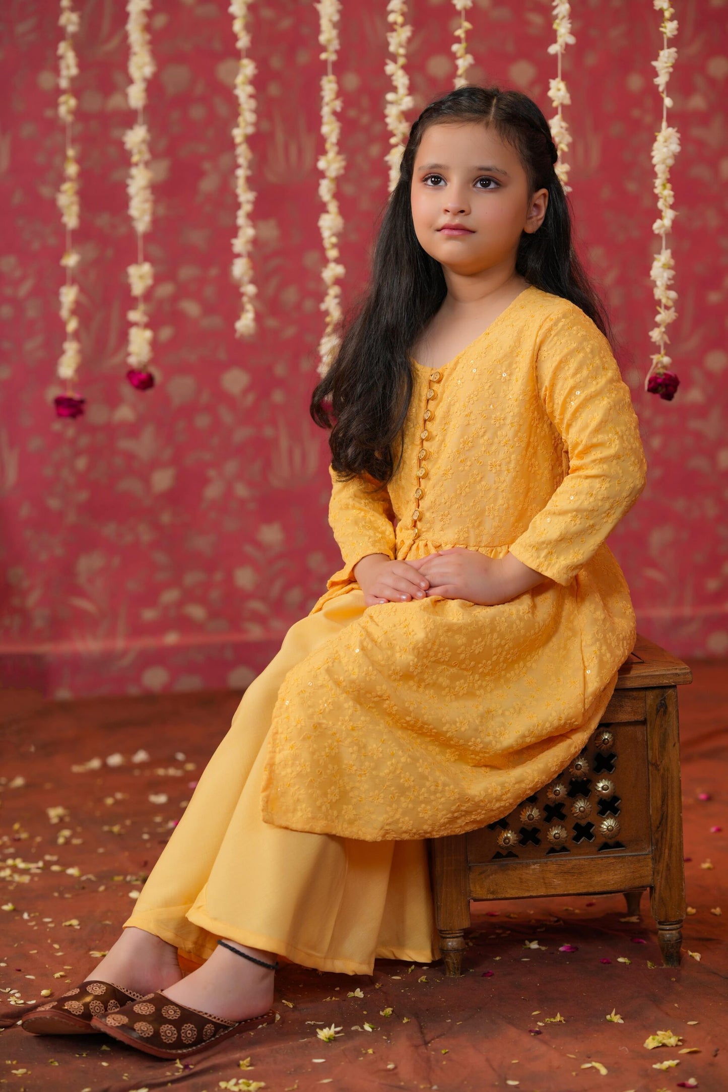 Girl Embroidered Top and Pallazo Set - Yellow