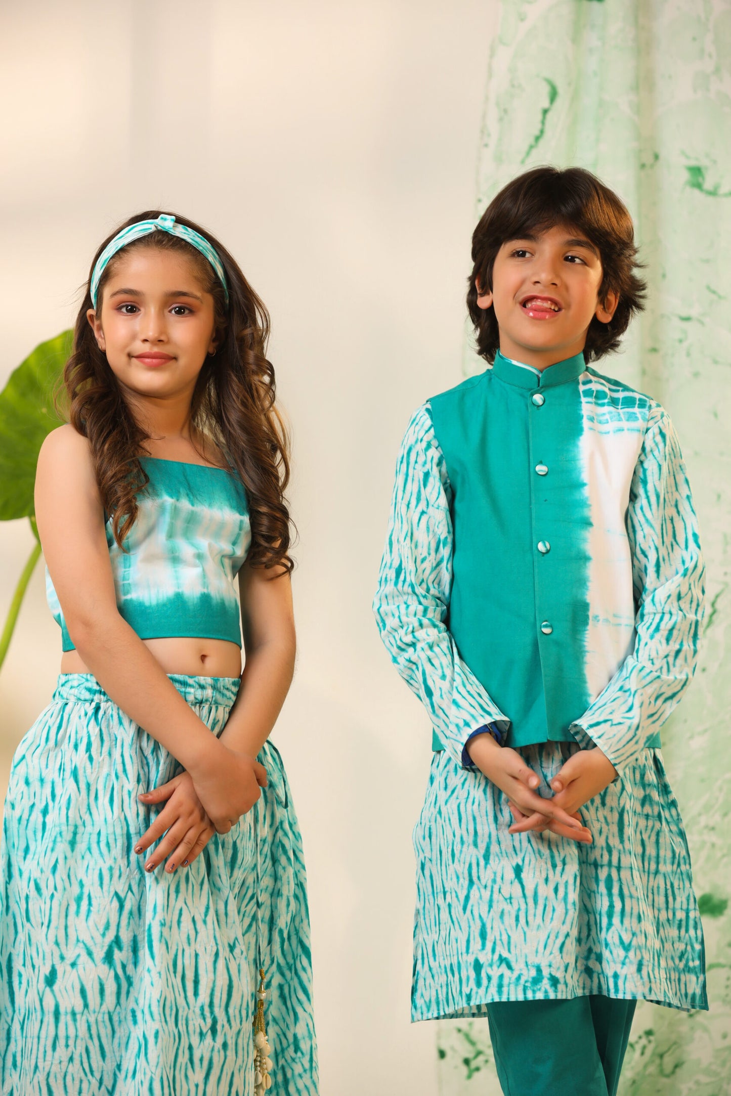 Girl Shibori Skirt Top Set-Green