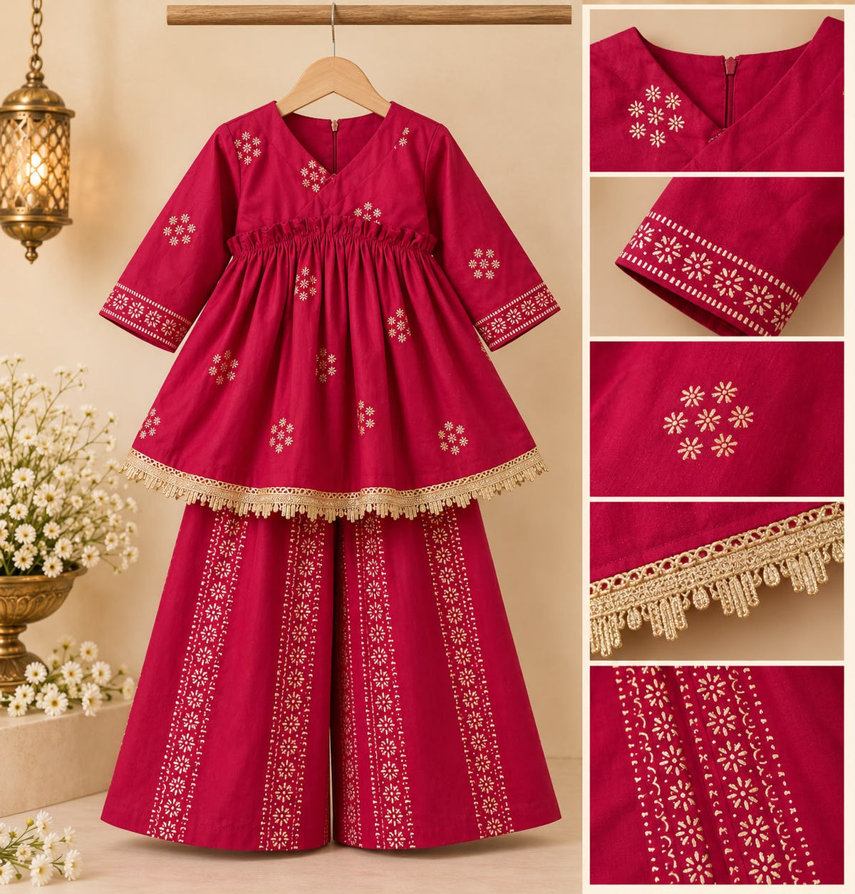 Girl Sitaara Kurta Pallazo Set - Magenta
