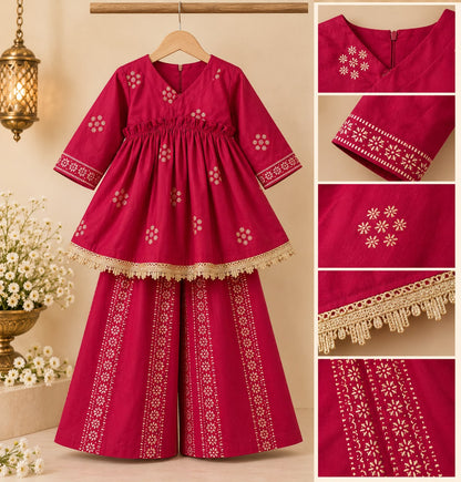 Girl Sitaara Kurta Pallazo Set - Magenta