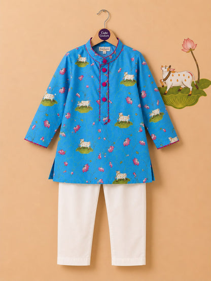 Pichwai Kurta Set - Turquoise