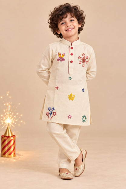 Boy Pataka Kurta Set-Beige