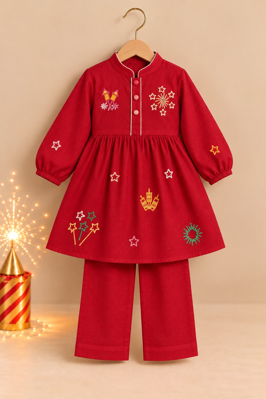 Girl Pataka Kurta Pant Set -Red
