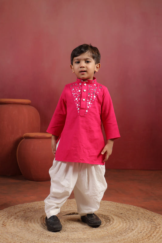 Boy Nawabi Mirror Kurta Set-Magenta