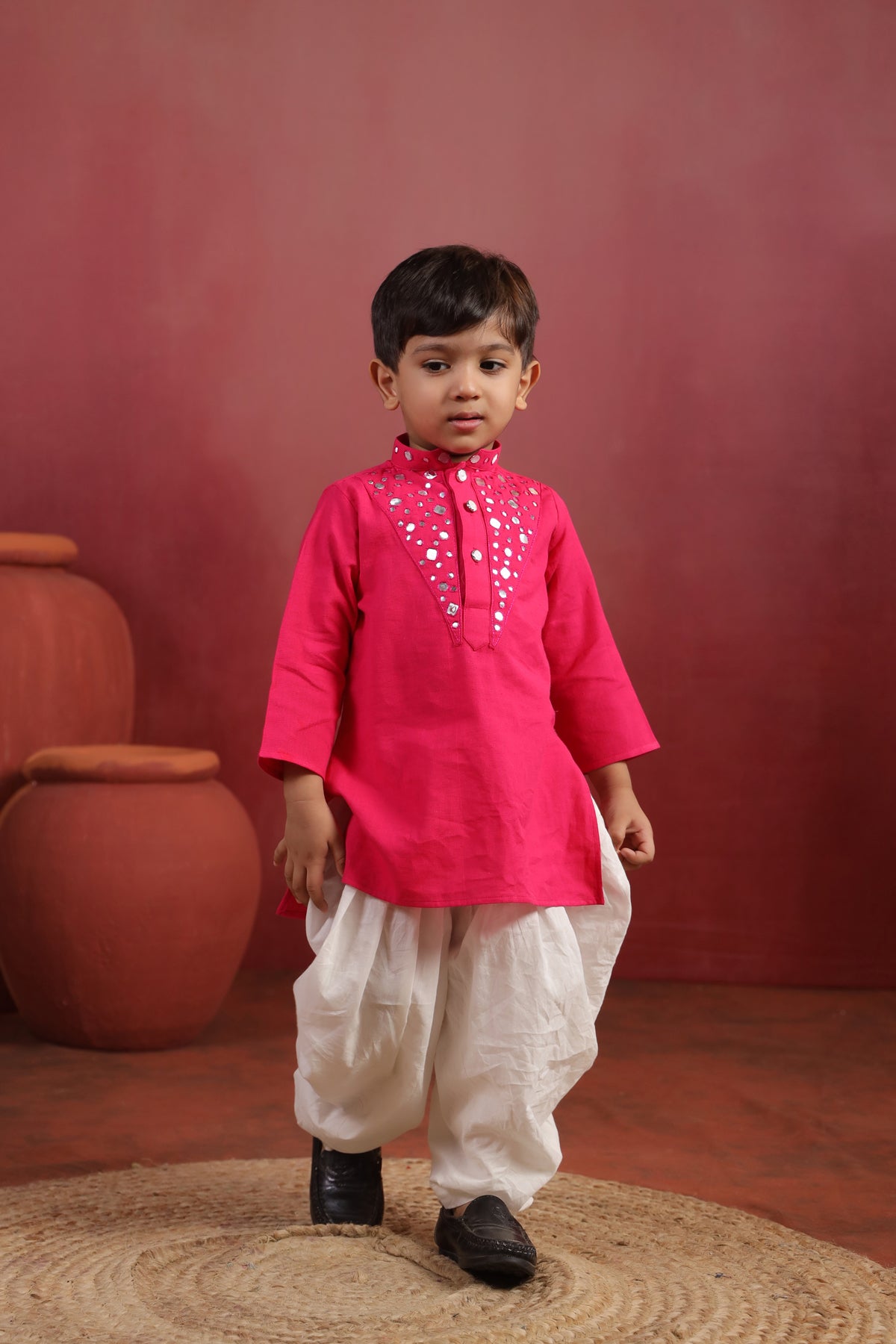 Boy Nawabi Mirror Kurta Set-Magenta