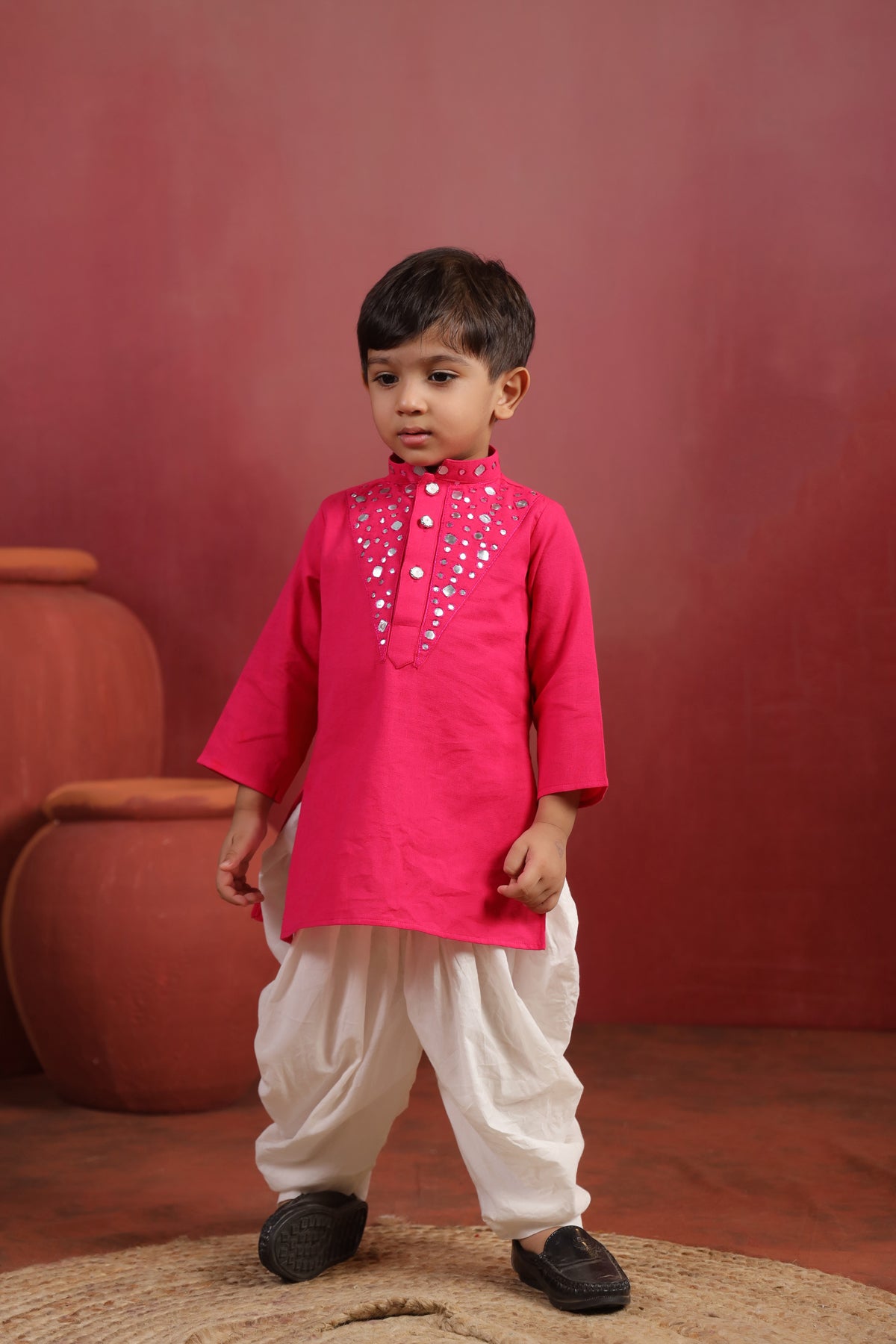 Boy Nawabi Mirror Kurta Set-Magenta