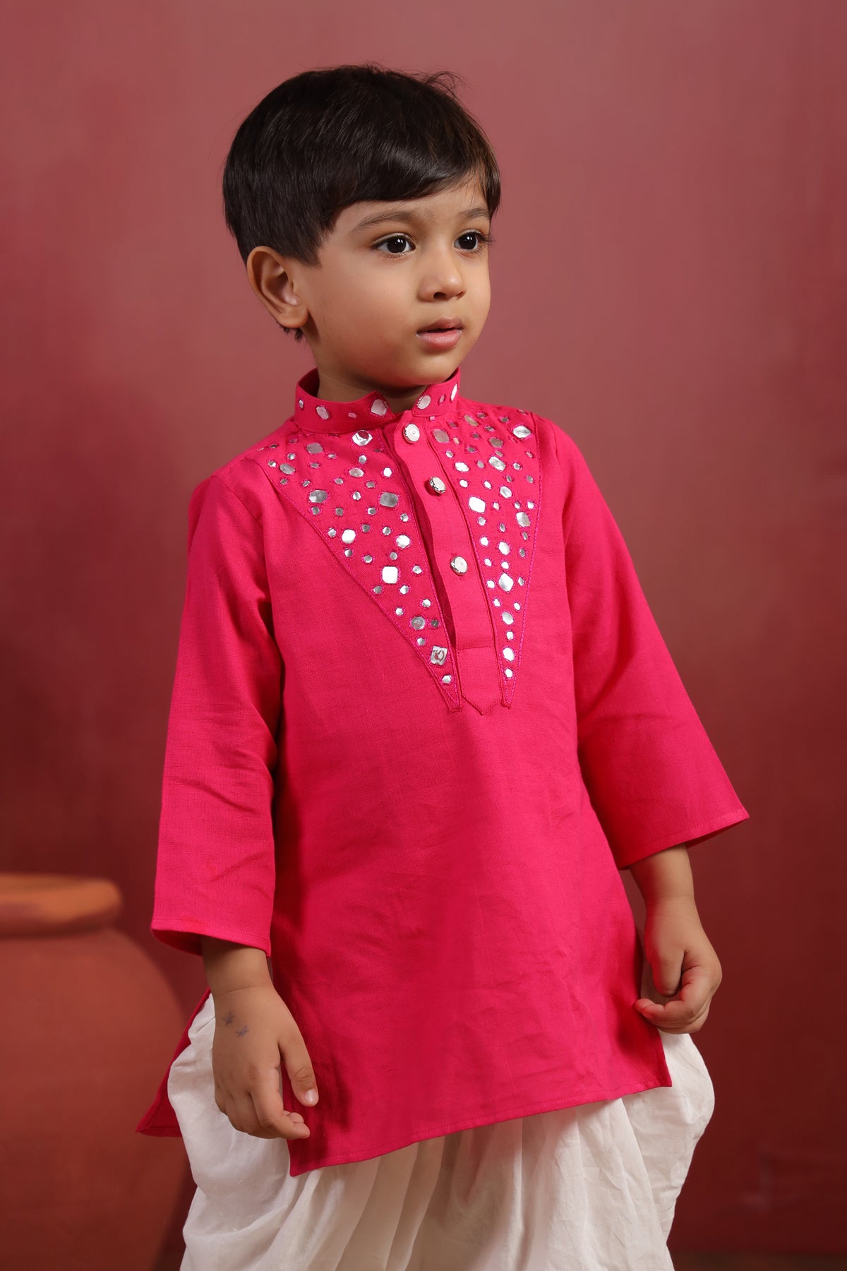 Boy Nawabi Mirror Kurta Set-Magenta