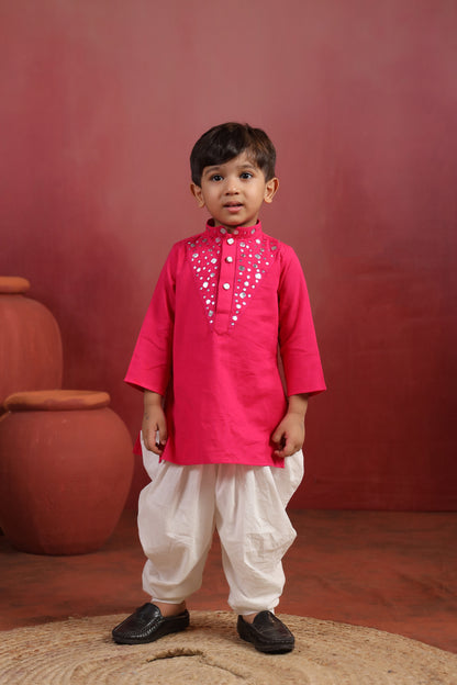 Boy Nawabi Mirror Kurta Set-Magenta