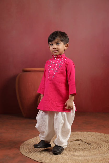 Boy Nawabi Mirror Kurta Set-Magenta