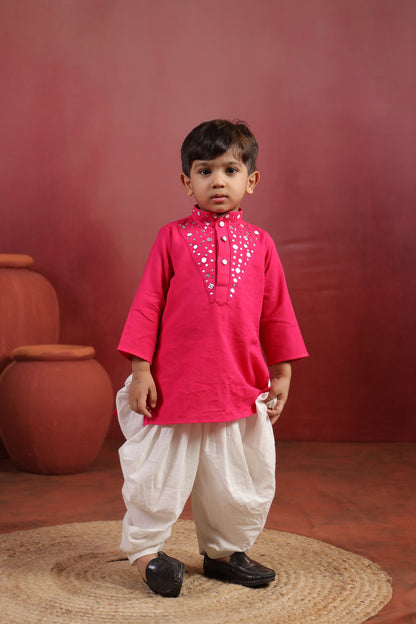 Boy Nawabi Mirror Kurta Set-Magenta