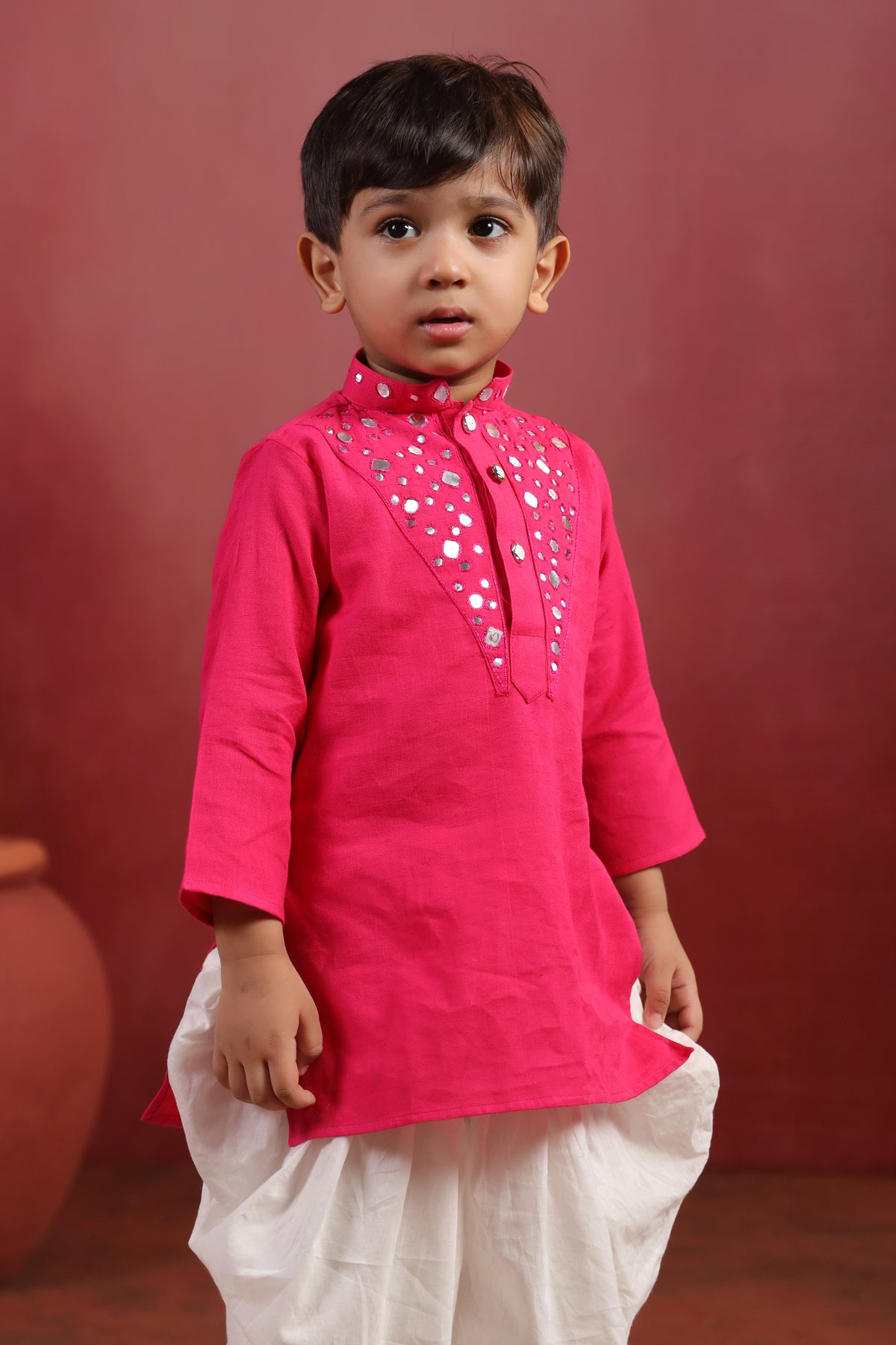 Boy Nawabi Mirror Kurta Set-Magenta