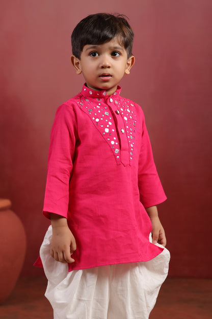 Boy Nawabi Mirror Kurta Set-Magenta