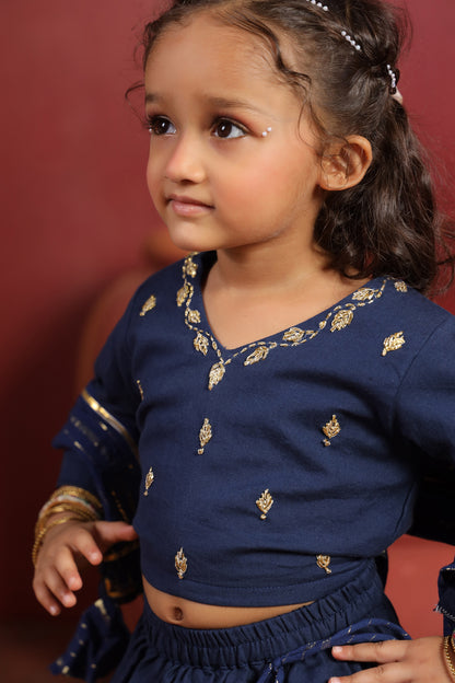Girl Rani Embroidered Skirt Top Set -Navy Blue