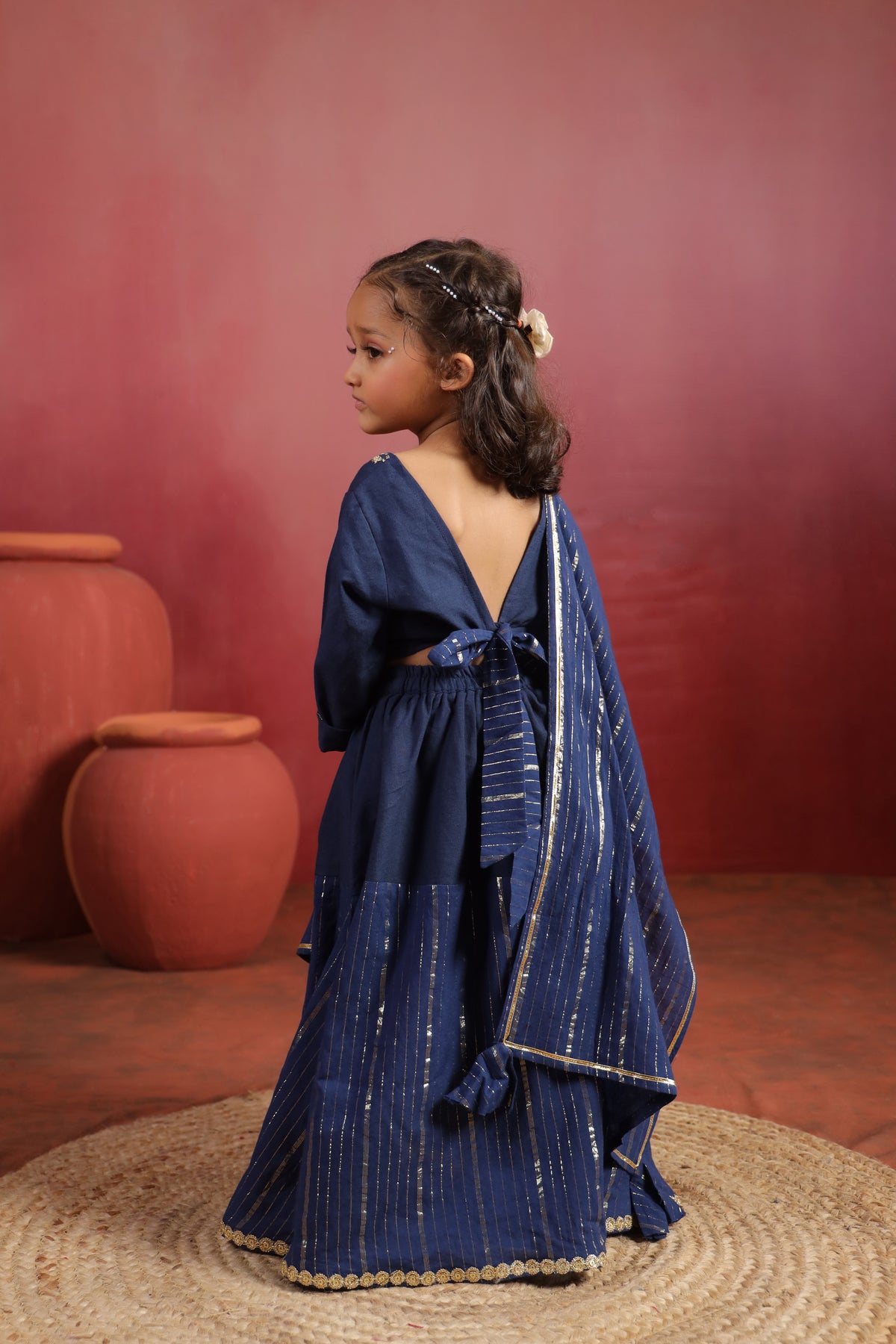 Girl Rani Embroidered Skirt Top Set -Navy Blue