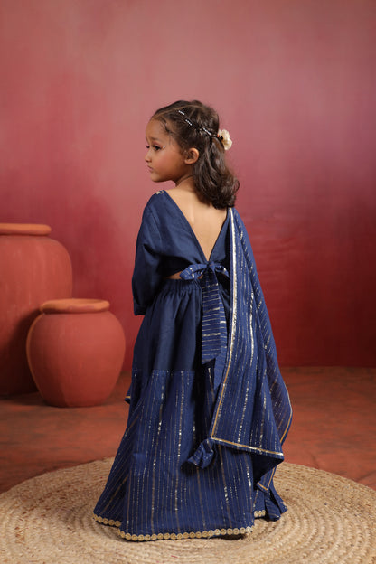 Girl Rani Embroidered Skirt Top Set -Navy Blue