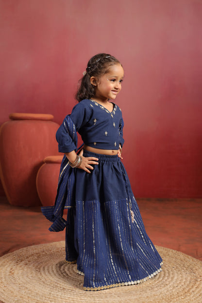 Girl Rani Embroidered Skirt Top Set -Navy Blue