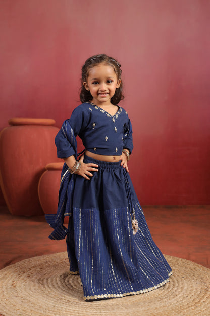 Girl Rani Embroidered Skirt Top Set -Navy Blue