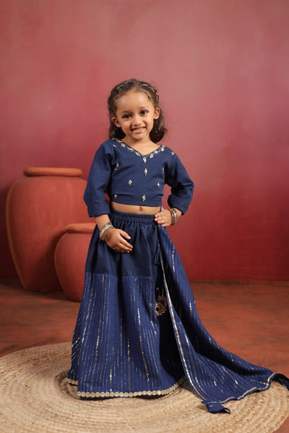 Girl Rani Embroidered Skirt Top Set -Navy Blue