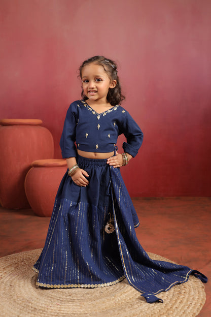 Girl Rani Embroidered Skirt Top Set -Navy Blue