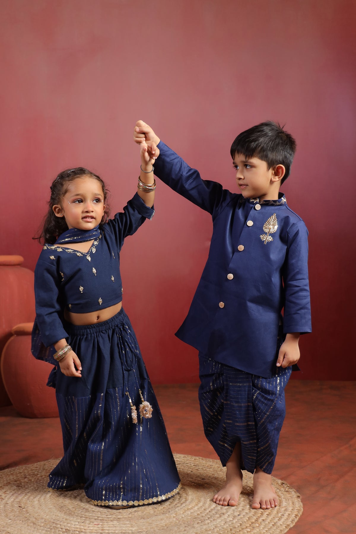 Girl Rani Embroidered Skirt Top Set -Navy Blue