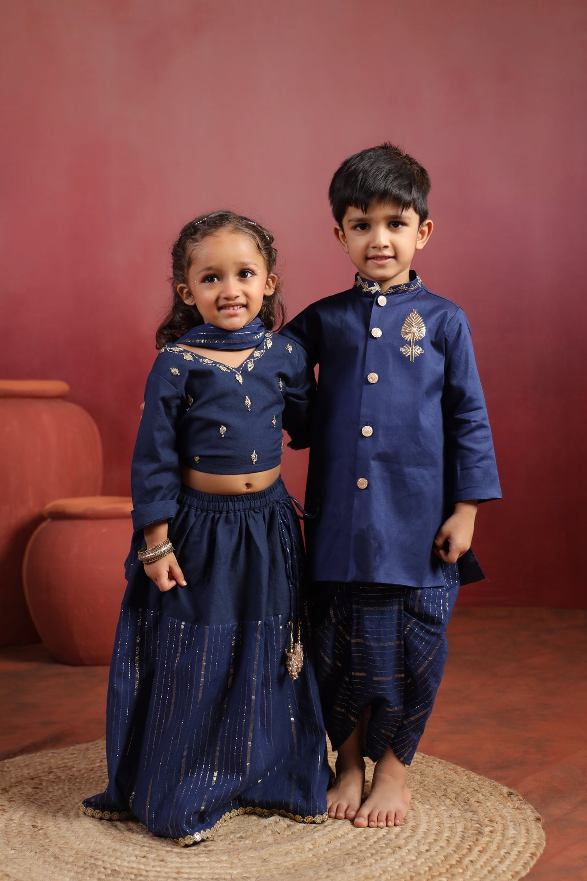 Girl Rani Embroidered Skirt Top Set -Navy Blue