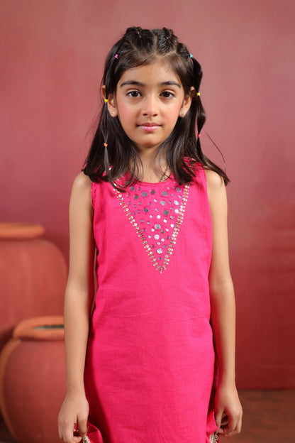 Girl Royal Mirror Kurta Palazzo Set - Magenta