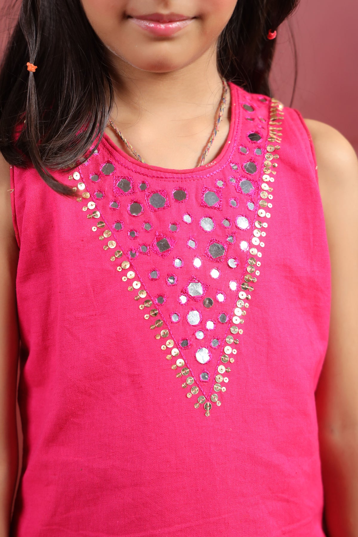 Girl Royal Mirror Kurta Palazzo Set - Magenta