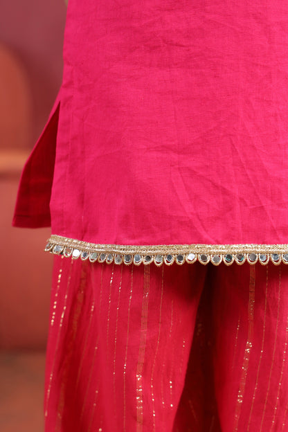 Girl Royal Mirror Kurta Palazzo Set - Magenta