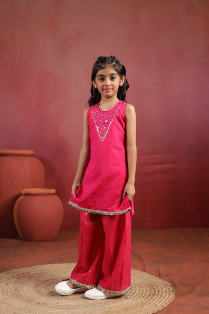 Girl Royal Mirror Kurta Palazzo Set - Magenta