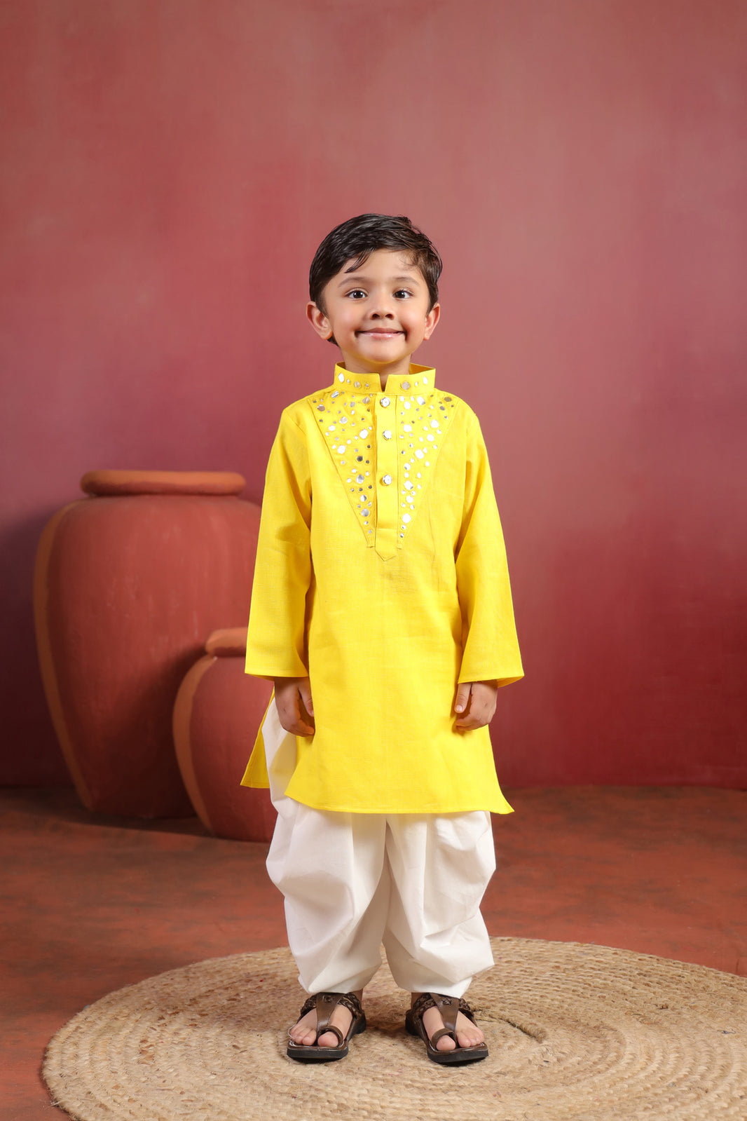Boy Nawabi Mirror Kurta Set-Magenta