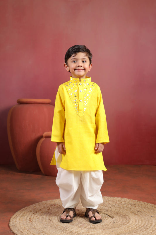 Boy Nawabi Mirror Kurta Set-Yellow